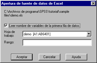 Cuadro de diálogo Apertura de fuente de datos de Excel