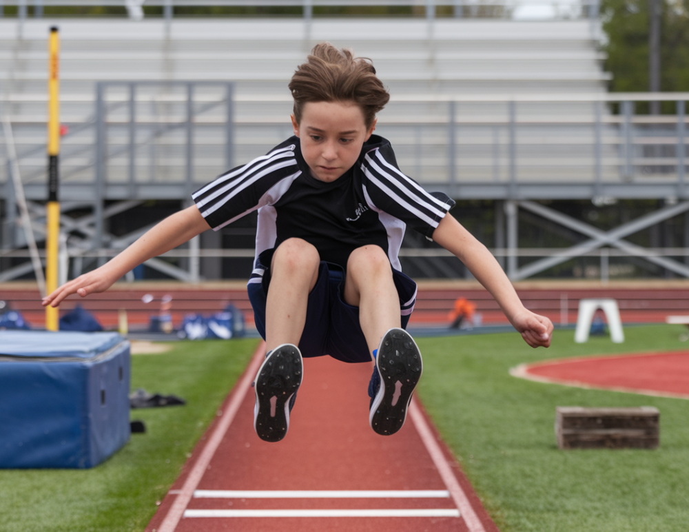 child performing a long jump with feet together