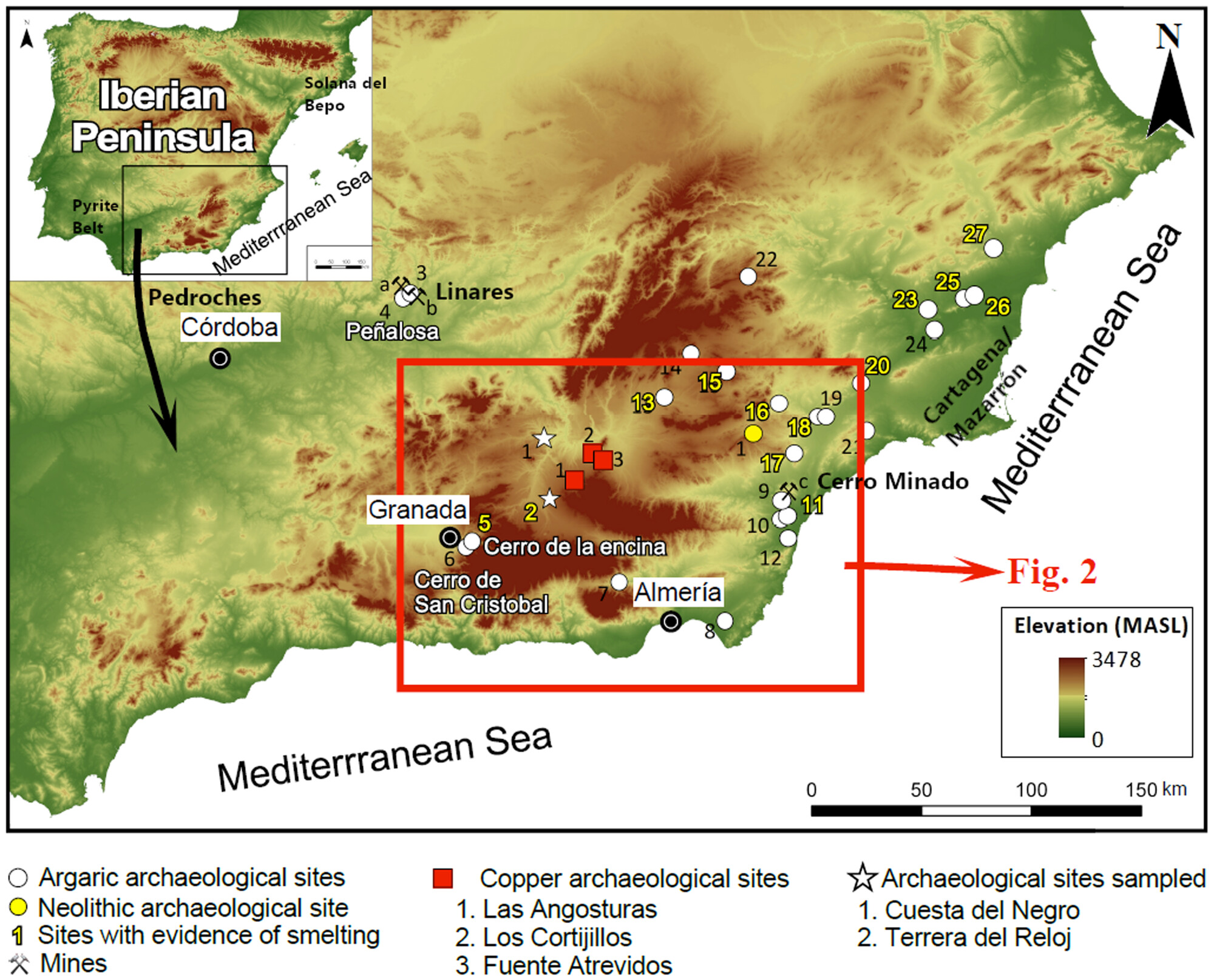 Mapa yacimientos de cobre en Granada