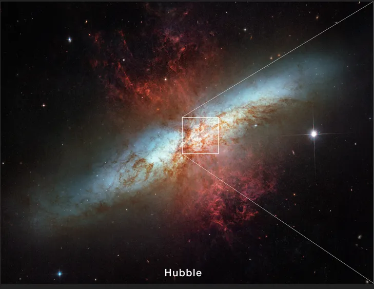 Imagen de la galaxia M82 tomada con el telescopio espacial Hubble.
